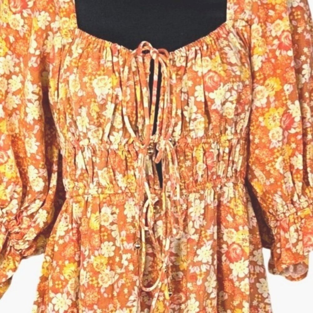 Free People Show Me Love Linen Romper Orange Floral Smocked Dress W Tie Front Sm - Picture 2 of 8